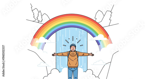 Joyful Wanderer Embraces Natural Wonder Under Vibrant Rainbow