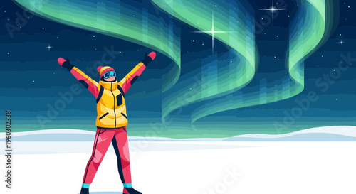Joyful Wanderer Amidst Ethereal Aurora Borealis Wonders