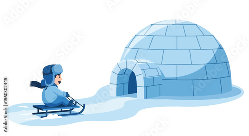 Joyful Winter Adventure Child Sledding Towards Igloo Home