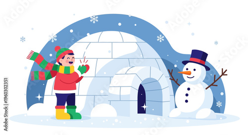 Joyful Winter Celebration with Igloo and Snowman Illustration