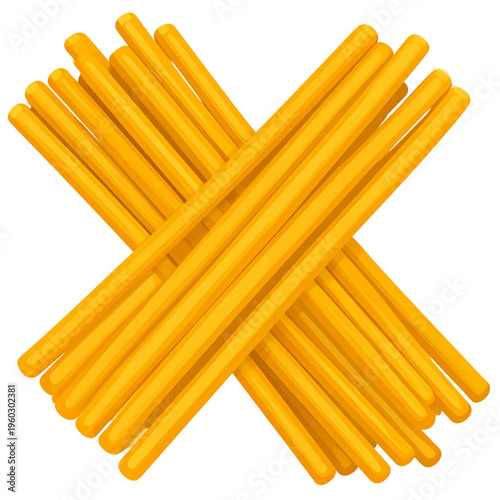 Bundle of crunchy breadsticks tied together, golden and crispy with a light sheen, isolated on a clean background