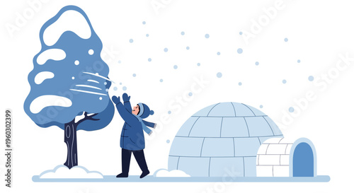 Joyful Winter Scene With A Child And An Igloo