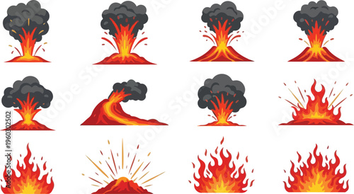 Collection of illustrated volcanic eruptions and fire bursts in various dynamic styles