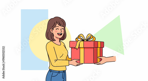 Joyful Woman Receiving A Surprise Gift Box And Sharing Happiness