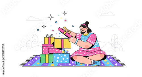 Joyful Woman Unboxing Presents on Colorful Rug Amidst Festive Sparkles