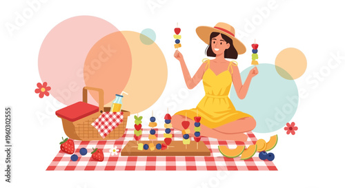 Joyful Woman Enjoys Healthy Picnic With Fresh Fruit Skewers