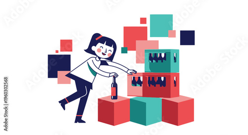 Joyful Woman Unpacking Beverage Bottles From Stacked Crates Modern Illustration