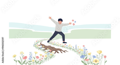 Joyful Young Boy Scattering Flowers In A Whimsical Spring Meadow Path