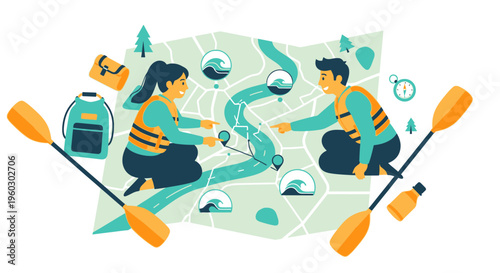 Kayaking Adventure Planning With Map And Outdoor Gear For Expedition
