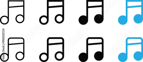 Set of musical note icons in various styles, including outline, solid, and colored versions