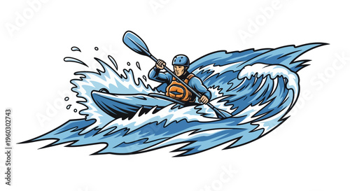 Kayaker Navigating A Raging River Rapids With Energetic Water Splashes
