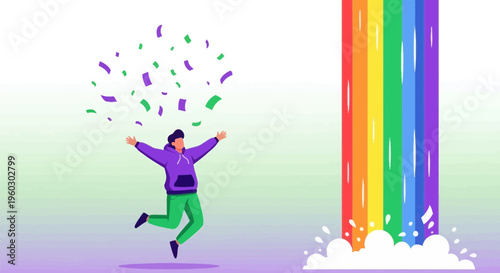 Jubilant Person Celebrates Beneath Cascading Rainbow Confetti
