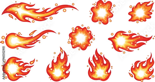 Fiery explosions and effects, collection of bright orange and yellow flames and fireballs, vector graphics