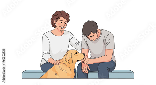 Caring woman and therapy dog comforting sad young man vector