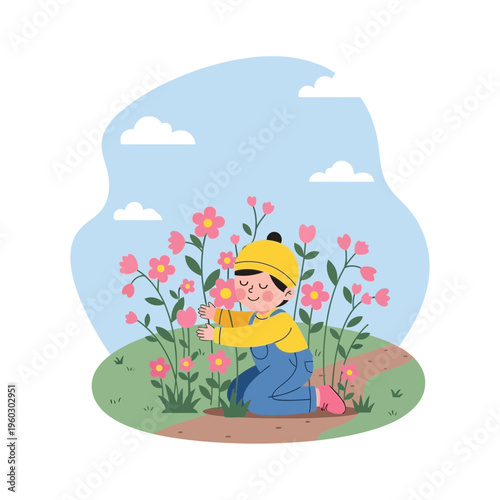 Little Gardener Tenderly Smelling Vibrant Pink Flowers In A Meadow