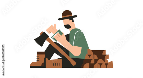 Logger Sharpening Axe While Resting Amidst Firewood Stack Minimalist Graphic