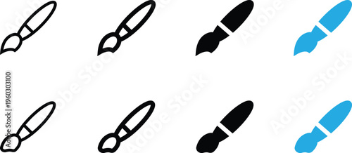 Set of paintbrush icons in different styles, including outline, solid, and colored versions