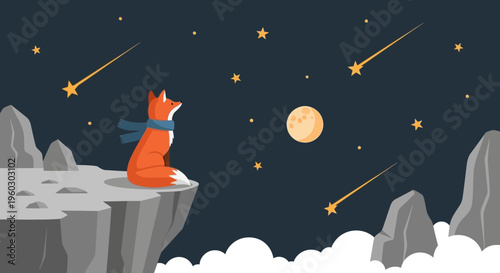 Lone Fox Gazes At Starry Night Sky From Cliff Edge