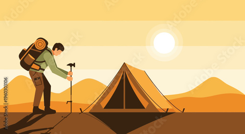 Lone Hiker Camps At Sunset Amidst Desert Dunes