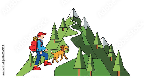 Man Hiking with Dog in Mountains Vector, Outdoor Adventure and Trekking Concept, Active Lifestyle Flat Illustration