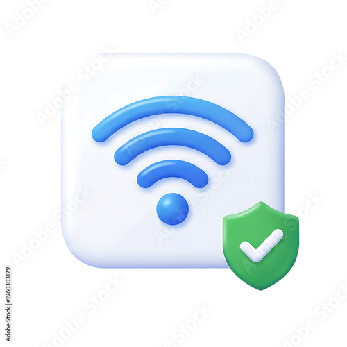 3D WiFi icon with secure shield checkmark for verified wireless connection