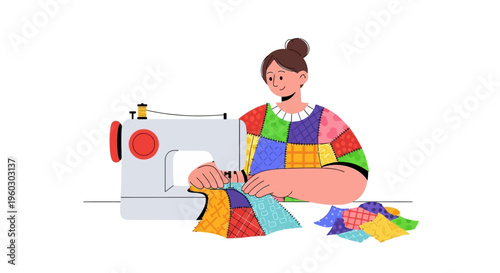 Fashion Designer Sewing Colorful Patchwork with Sewing Machine