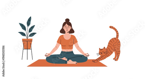 Woman Meditating at Home with Cat in Modern Wellness Lifestyle