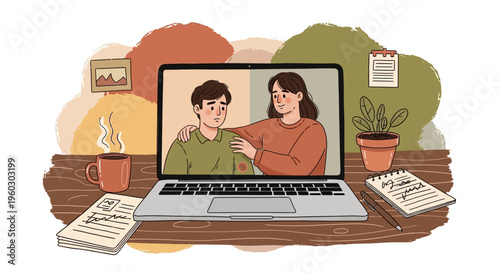 Remote Team Video Call on Laptop, Modern Work From Home Setup