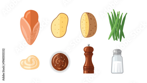 Cooking ingredients set: whole and half potatoes, corn, chives, mayonnaise, sauce, salt, and pepper