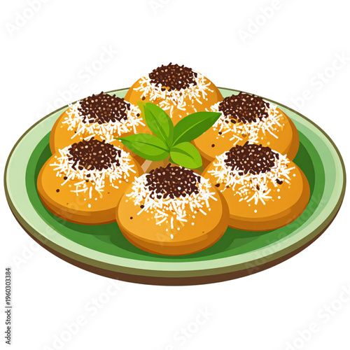 Kue cubit: soft, fluffy Indonesian mini pancakes topped with chocolate sprinkles and grated cheese, served warm on banana leaves with sweet dipping sauce