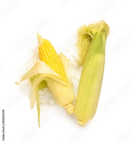 Fresh corn cobs on white ba...