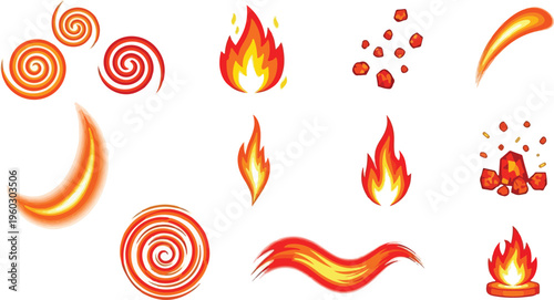 Collection of colorful fiery flame elements and swirling vortex designs in a vector graphics format
