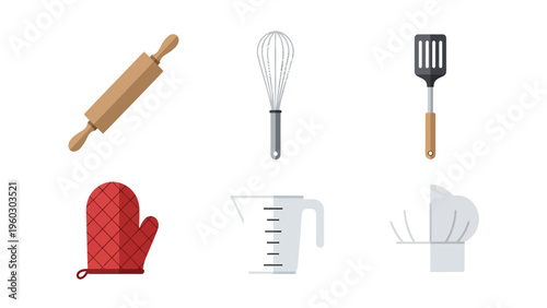 Essential Kitchen and Baking Tools Collection: Rolling Pin, Whisk, Spatula, Oven Mitt, Measuring Cup, Chef Hat Icons