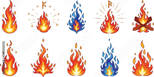Set of various stylized flames and bonfires with sparks and decorative elements, vector art