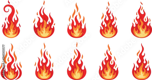 Collection of stylized flame icons representing different fire effects and animation frames