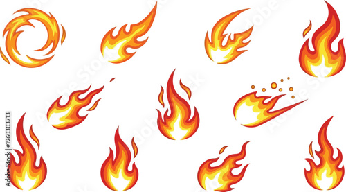 Collection of various stylized fire flames and embers illustrations