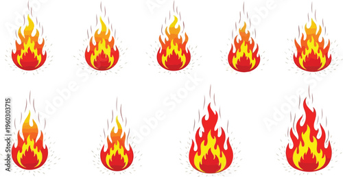 Collection of fiery flames and burning embers, abstract graphic illustrations