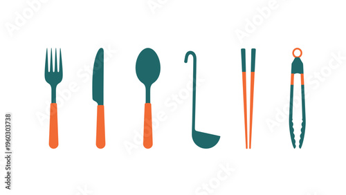 Vibrant Flat Design Kitchen Utensils Set: Fork, Knife, Spoon, Ladle, Chopsticks, Tongs