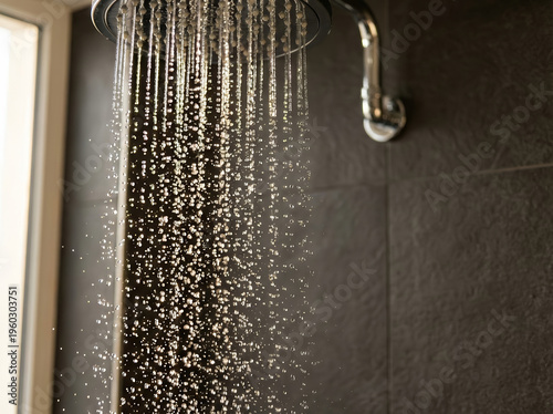 Relaxing cool water falling from chrome metal shower head inside modern bathroom featuring dark gray tile wall. Refreshing morning daily hygiene routine bringing pure relaxation for clean body