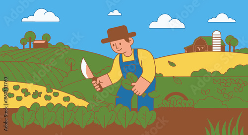 A joyful farmer diligently harvesting leafy green vegetables in a sunlit agricultural field