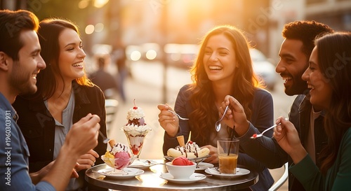Diverse Friends Laughing and Enjoying Ice Cream Sundaes at Outdoor Cafe During Golden Hour