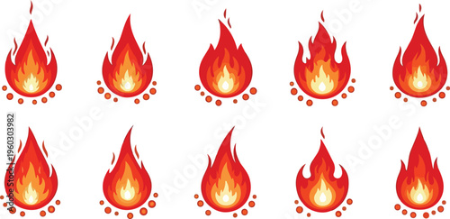 A collection of ten fiery flames with glowing embers, representing heat and energy