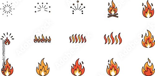 Collection of Various Fire Icons Representing Heat and Energy in a Stylized Graphic Format