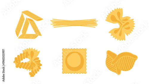 Flat vector illustration of various dry Italian pasta shapes: penne, spaghetti, farfalle, fusilli, ravioli, and conchiglie.