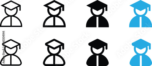 Set of graduation cap icons, student avatars in different styles