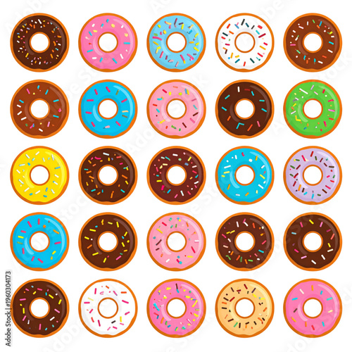A colorful assortment of glazed donuts with vibrant icing and sprinkles arranged neatly in rows, creating a playful and tempting dessert display