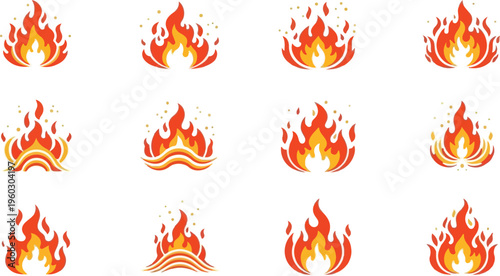 Set of stylized fire icons with warm orange and yellow flames, symbolizing heat and energy