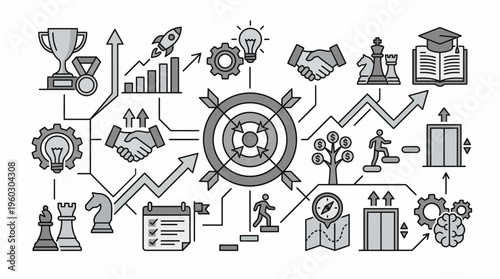 Detailed business strategy and goal achievement infographic with target, gears, handshake, and growth elements in line art on an isolated white background.