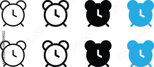 Set of alarm clock icons in various styles, including outline, solid black, and blue vector illustrations