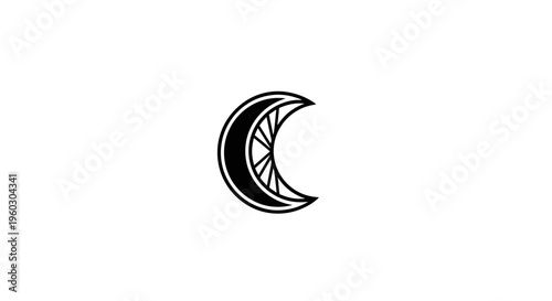 Stylized Crescent Moon with Geometric Pattern, Black and White Logo Icon